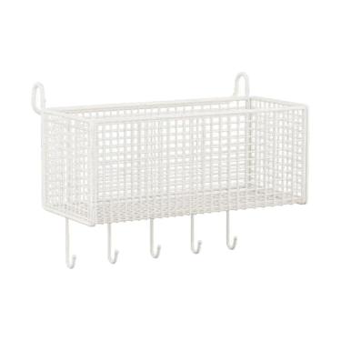 Imagem de SiaBiced Cesta de armazenamento suspensa de cabeceira, organizador suspenso, fácil de instalar, economizador de espaço, prático, prateleira de ferro para, Branco, M with Hooks