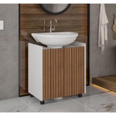 Imagem de Armário de banheiro com pedestal branco. À prova d'água. Design simples e prático. Adequado para banheiros clássicos ou contemporâneos. (Branco Ripado)