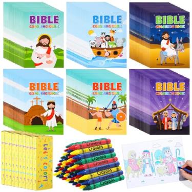 Imagem de Gilprop 240 livros de colorir bíblicos a granel com giz de cera para crianças, versículo de Natal, livros de desenho religioso, suprimentos de atividades cristãs, artesanato de escola dominical