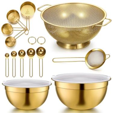 Imagem de LemonRoad O conjunto de acessórios de cozinha dourado inclui escorredor de aço inoxidável de 4 litros, tigelas de mistura de ouro de 3 litros com tampas herméticas, 1 conjunto de copos e colheres de