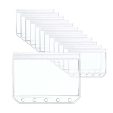 Imagem de MEI YI TIAN 12 bolsos transparentes para fichário A8, envelopes para dinheiro, 6 orifícios, zíper M5, capas para fotos para 5 fichários, cartões, notas
