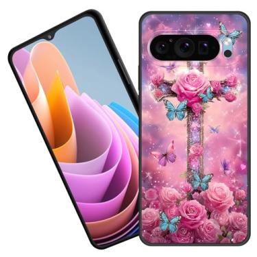 Imagem de BFUKVOU Capa para Pixel 10 Pro XL, capa protetora de corpo inteiro de borracha de silicone macio premium para Google Pixel 10 Pro XL 6,8 polegadas 2025, cruz floral com borboletas