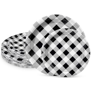 Imagem de LIKAJON 50 peças de pratos de papel xadrez preto e branco, 25 peças de 23 cm e 25 peças de pratos de sobremesa descartáveis de 17 cm para Halloween, chá de bebê, aniversário, formatura, piquenique