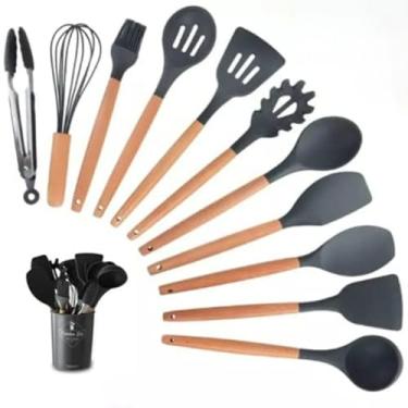 Imagem de Colher De Silicone Com Cabo De Bambu - Kit 12 PeçAs UtensíLios Naturais | NãO Risca Panelas | Presente Para Chá De Panela(Kit 12 Peças Utensílios-preto)