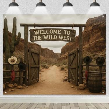 Imagem de BlissYard Banner de fundo do Velho Oeste 2,4 x 1,8 m Cowboy Western Saloon Entrance Canyon Desert Welcome Gate Rústico Cerca de Madeira Cacto Barril Chapéu de Cowboy Decoração Festa de Celeiro Fundo