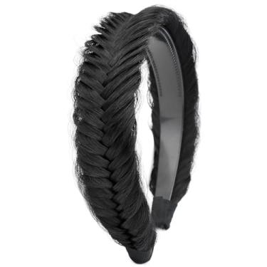 Imagem de DIGUAN Faixa de cabeça trançada trançada larga Fishtail com dentes de cabelo sintético trançado peruca grossa para meninas e mulheres (preto natural, largo)