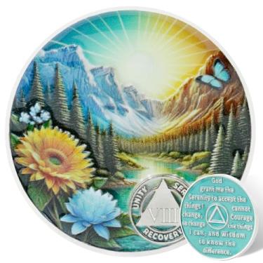 Imagem de Leafence Moeda AA Sobriedade Serenidade Oração Recuperação Chip Montanha e Natureza Design Medalhão AA Inspirador Sobriedade Token para Marcos de Recuperação (Daylight Mountain Sunrise, 8 Anos)