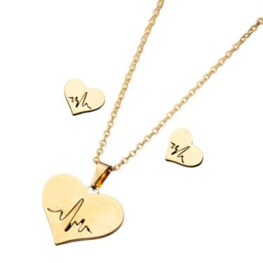 Imagem de BIGNAY Zyrena Colar e brincos gargantilha com pingente gravado coração com batimento cardíaco para mulheres, colar de corrente pequena, joias para mulheres.