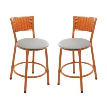 Imagem de KIT 2 Banqueta Baixa Encapada Junco IMBUIA Bar Bistro Americana Cozinh