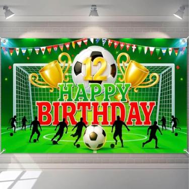 Imagem de HOMETITUTE Faixa de futebol feliz aniversário com troféu de bola de futebol e decorações de gol para crianças futebol festa de aniversário cenário interno e externo 180 x 109 cm