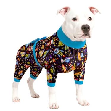 Imagem de LovinPet Pajamas Dog Clothes - Large Dog Pajamas, Post Surgery Recovery Shirt, Stretchy Fabric, Aim for The Moon Flannel Navy Print, Dog Pj's, Anti Licking, Easy Wear Dog Jammies,Black Blue M