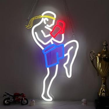 Imagem de OkiyiD Placa de néon Muay Thai para homens, decoração de parede de artes marciais, tema esportivo de combate, decoração de quarto com alimentação USB e corrente suspensa, presentes ideais de MMA para