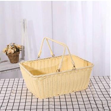 Imagem de Cesta de compras portátil tecida de vime, cesta de legumes de armazenamento cesta de flores portátil cesta de piquenique ao ar livre cesta de frutas (tamanho: 34 * 27 * 17 cm)