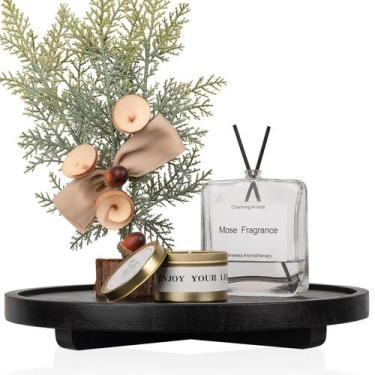 Imagem de Bandeja decorativa zoocatia, organizador de banheiro redondo de madeir