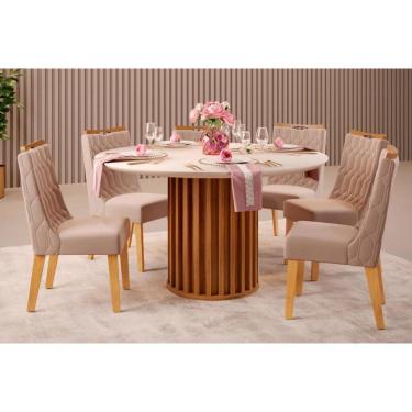 Imagem de Sala de Jantar Completa Viena c/ Tampo Madeirado c/ Vidro 136x136cm e 6 Cadeiras Bia Freijo/Off White - Suede Kraft - DJ Móveis
