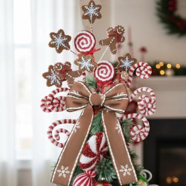 Imagem de Jenaai Palitos grandes de árvore de gengibre de Natal, decorações de topo de árvore de Natal de 40 cm com laço de feltro de gengibre, flocos de neve, enfeites de bengalas de doces para vaso de Natal