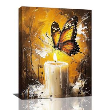 Imagem de Kylora Arte de parede de borboleta, decoração de parede com imagens douradas, impressão em tela de vela de pintura de borboleta, arte emoldurada para banheiro, quarto, sala de estar, escritório