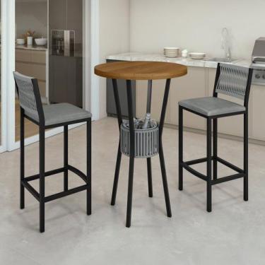 Imagem de Conjunto Mesa Bistrô Bar Tampo Madeira Maciça Ripado 70cm com 2 Banque