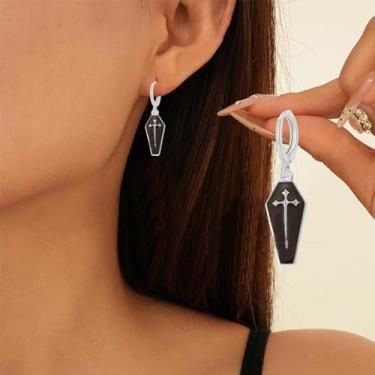 Imagem de Brincos femininos com cruz de caixão de Halloween, estilo punk, retrô, personalidade, argola, joias de Halloween, presentes, Medium, Liga de aço, Sem pedra preciosa