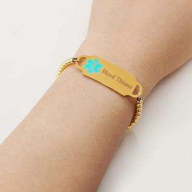 Imagem de Pulseiras de emergência médica banhadas a ouro | Pulseira com símbolo de emergência verde ajustável para identificação médica para homens e mulheres | YA4985, Adjustable, Aço inoxidável Metal, Sem