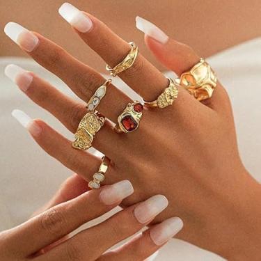 Imagem de Conjunto de 7 anéis de cristal glamourosos banhados a ouro com personalidade, geometria, empilháveis, anéis abertos para mulheres, joias da moda boêmia, acessórios luxuosos para formatura