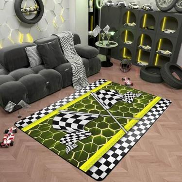 Imagem de Tapete de carro de corrida 9,5 x 1,5 m, preto e branco, quadriculado geométrico, para crianças, adolescentes, adultos, luzes neon amarelas, bandeira 3D, tapete decorativo para sala de jogos, quarto