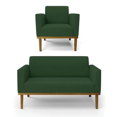 Imagem de Sofá Namoradeira Com Poltrona Base De Madeira Fixa Castanho Marisa Veludo Verde D03 - D?rossi