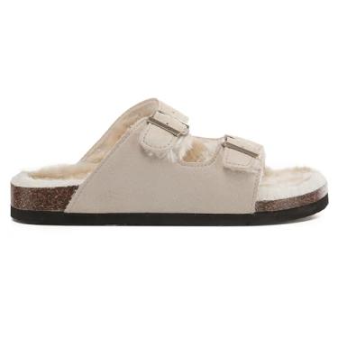 Imagem de VIVASHOES Sandálias femininas de camurça sintética com alça dupla e fivela grande – Alça dupla confortável sem cadarço com fivelas ajustáveis e palmilha de cortiça – Sandálias macias para conforto