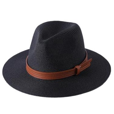 Imagem de Chapéu de palha Panamá de verão masculino e feminino, aba larga, proteção UV, chapéu de sol Fedora preto 1 L59-60 cm