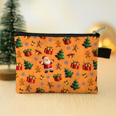 Imagem de Bolsa de moedas estampada de Natal moderna pequena carteira com zíper porta-chaves bolsa de armazenamento portátil, Laranja