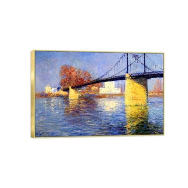 Imagem de BMZFYBS Imagem de arte de parede de paisagem - impressões em tela vintage - ponte no rio - pintura com moldura dourada para sala de estar decoração de casa de fazenda 20 x 30 cm 8 x 12 pol