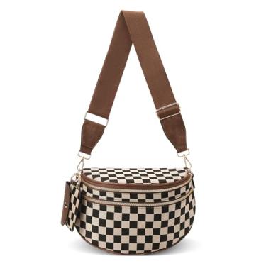 Imagem de Duyijiff Bolsas transversais femininas – Bumbags quadriculados transversais pochete grande bolsa de cinto moderna para uso diário, A01 - Marrom