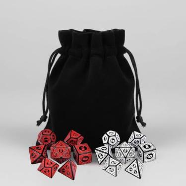 Imagem de 2 Kit 7 Dados Rpg Vermelho e Branco Runas D&d Boardgames Jogos de Mesa D4 D6 D8 D10 D10% D12 D20 + Bolsa de Veludo