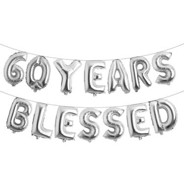 Imagem de 60 Years Blessed Banner de balão multicolorido com glitter, decorações de festa de aniversário de 60 anos/casamentos, cenários de sinalização (60 YEARS BLESSED prata)