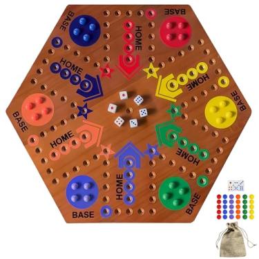 Imagem de Wooden Board Game, Board Game Original Marble Game Double Sided Painted 2 to 6 Player Fast Track Wooden with 6 Colors 24 Marbles 6 Dice for Adults Kids Family(20 INCH Flame)
