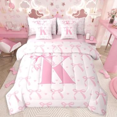 Imagem de jejeloiu Conjunto de edredom infantil fofo com laço rosa, tamanho casal, com letra K, 7 peças, lindo laço de coquete, cama em uma bolsa, letra K, monograma para todas as estações