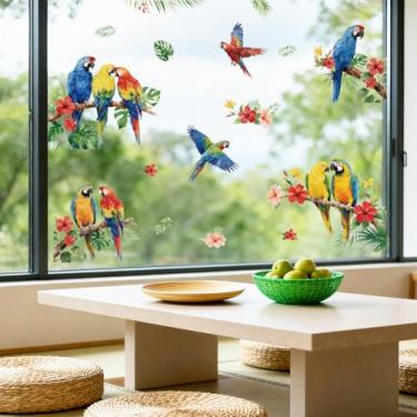 Imagem de ANATTASOUL Adesivos de janela estática papagaio e flores, 1 folha de decalques reutilizáveis de janela para vidro, 120 cm x 30 cm adesivo de janela dupla face removível para quarto, escritório