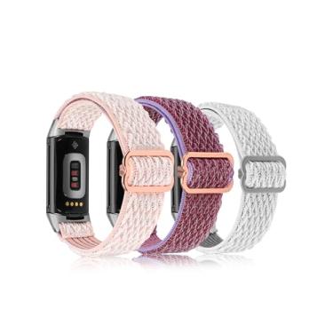 Imagem de Pacote com 3 pulseiras elásticas ajustáveis compatíveis com Fitbit Charge 6/5 - pulseiras esportivas de nylon elástico, macias e confortáveis