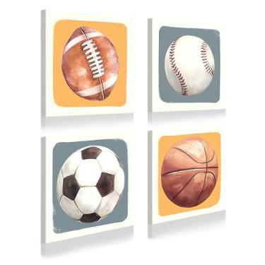 Imagem de Dream Land Conjunto de arte de parede em tela com bolas esportivas em aquarela - decoração de futebol, futebol, basquete para quarto, sala de estar, sala de jogos infantil - 30,5 x 30,5 cm, 4 peças