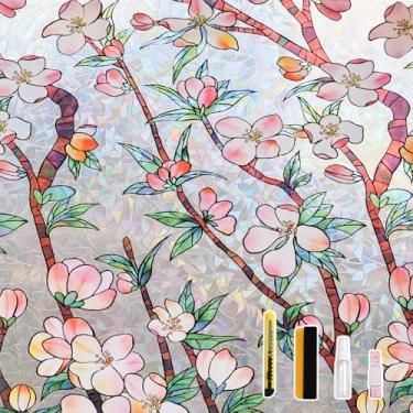 Imagem de NINETREX Película de privacidade para janela, película de vitral 3D, adesivos de aderência estática arco-íris bloqueia calor e UV, vinil não adesivo para porta de casa (flor de pêssego, 60 x 400 cm)