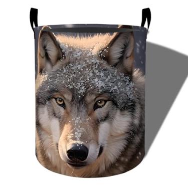 Imagem de amepay Cesta de roupa suja de lobo de inverno, pano Oxford dobrável realista, à prova d'água, cesto de roupas sujas com alças, organizador de brinquedos para banheiro, quarto, dormitório, 50 x 39,9 cm
