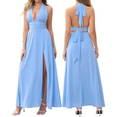 Imagem de Vestido maxi XinFsh Summer Halter com decote em V profundo, azul com f
