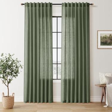 Imagem de Nanspring Cortinas de linho verde-oliva 213 cm de comprimento, 2 painéis para sala de estar, semitransparente, quarto, filtro de luz, filtro de luz Loden musgo, verde fazenda, boho, drapeados 203 cm