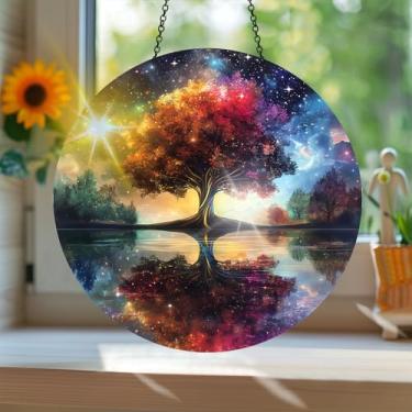 Imagem de Acrílico colorido, apanhador de sol colorido em estilo vitral com reflexos de arco-íris, arte de parede para decoração de janela suspensa, ornamentos de Natal para uso interno e externo 19,8 x 19,8 cm