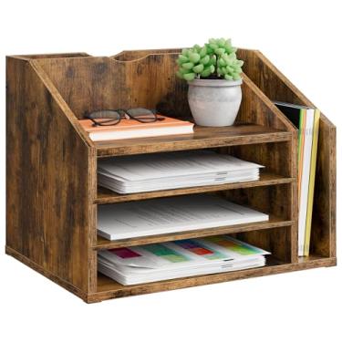 Imagem de CHOEZON Organizador de mesa de madeira com divisórias ajustáveis, suporte de arquivo de mesa multicamadas para escritório doméstico, organizador de armazenamento de papel e papelaria, marrom rústico