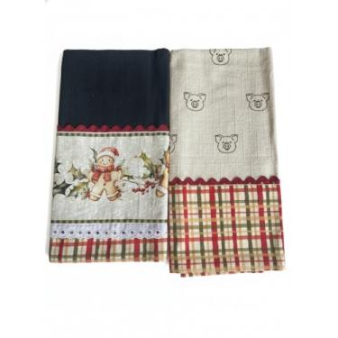 Imagem de Kit Pano de Prato Premium 100% Algodão com Barrado de Tricoline (Natal 2 / Porquinho)