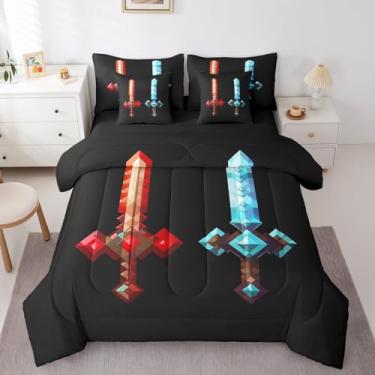 Imagem de Jogo de cama solteiro com espada azul vermelha, 7 peças, para decoração de quarto de crianças, meninos, adolescentes, homens, lençol de cima, moderno, preto, 2 fronhas, 2 fronhas