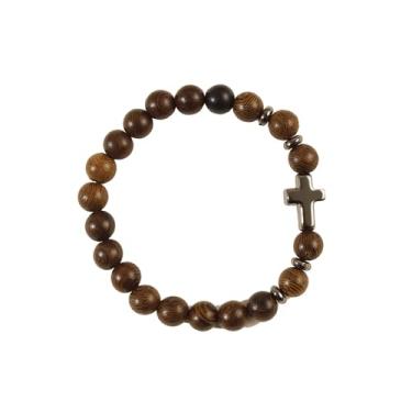 Imagem de Lavaarite Pulseira masculina com contas de madeira – Pulseira religiosa elástica de 8 mm com pingente de cruz, presentes de confirmação cristã, primeira comunhão, joias de batismo e fé para homens