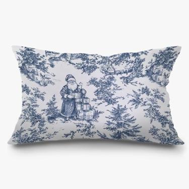 Imagem de Exqcom Capas de almofada azul e branca de Papai Noel de Natal chinoiserie 30 x 50, caixa de presente para árvore de Natal da Grandmillennial, capas de almofada lombar para casa, sala de estar, quarto