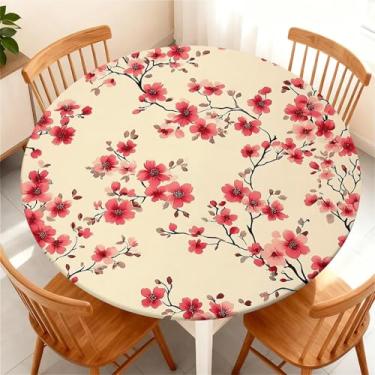 Imagem de Yesad Toalha de mesa redonda com borda elástica para mesa redonda de até 155 a 165 cm, capa de mesa impermeável para acampamento, interior, exterior, férias, verão, flor vermelha